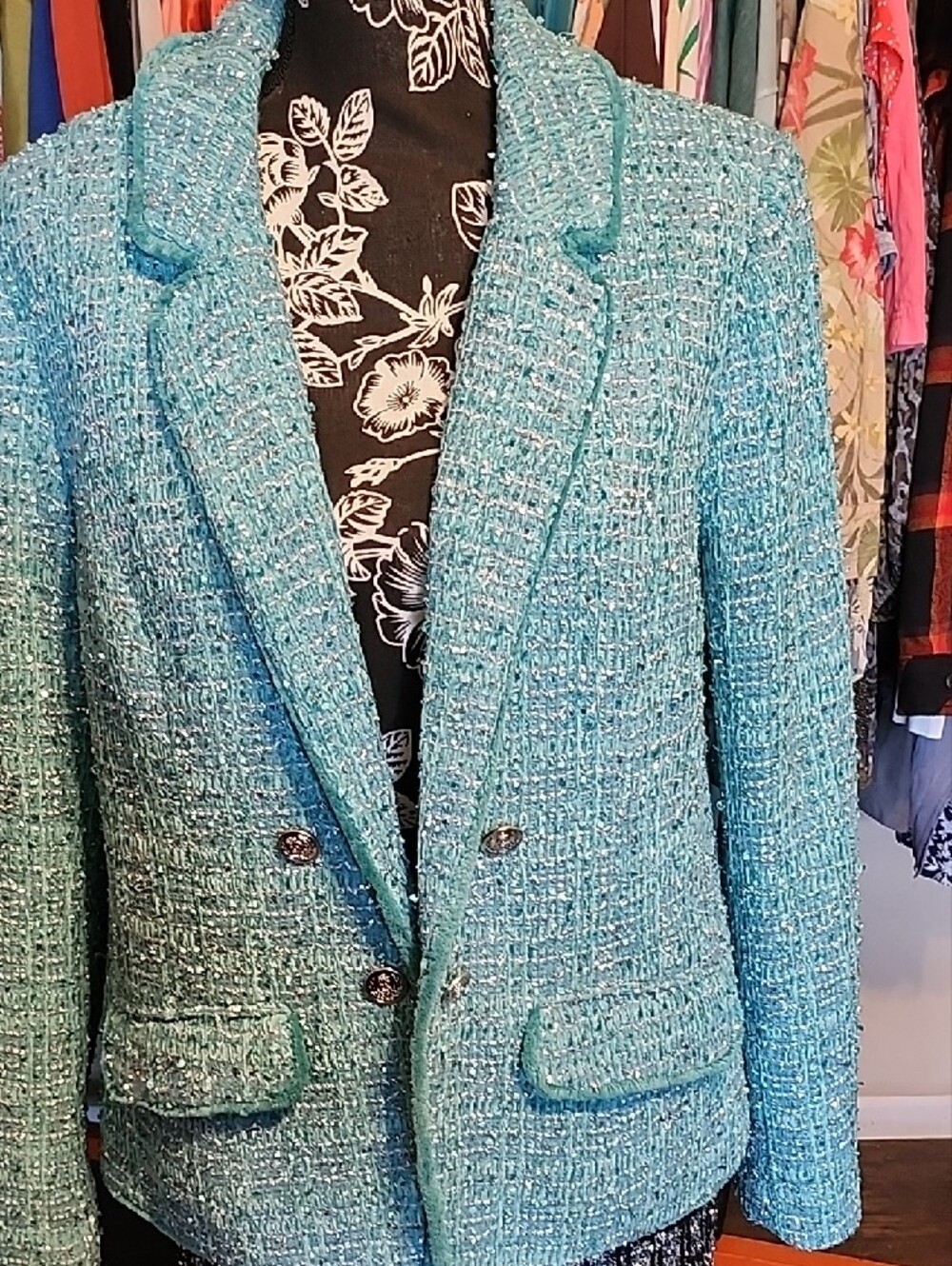 Turquoise Bouclé Double-Button Blazer Jacket - Women - Picture 2 of 7